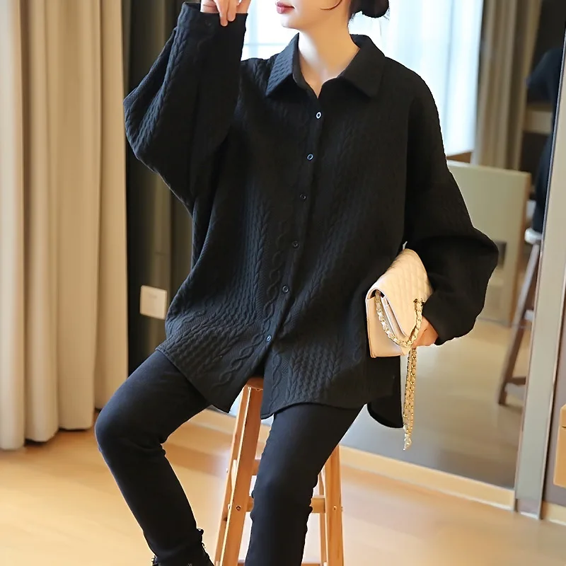 Cotton top design long-sleeved shirt women's spring and autumn long loose large size shirt jacquard twist knit fashion casual