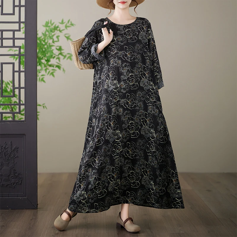 

Loose Fit Long Sve Cotton Linen Print round Ne Holiday Dr Knee Length a Line Skirt Commute Sle Spring Summer Dr