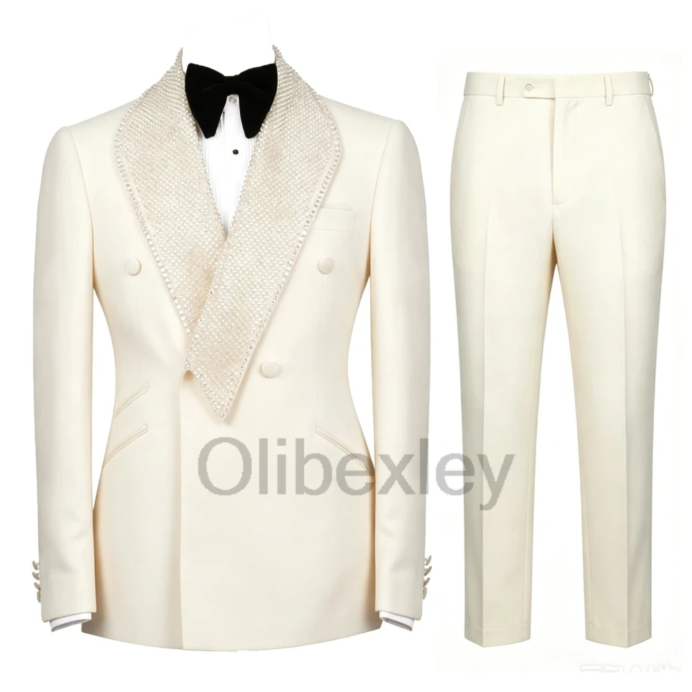 Olibexley Black Mens 2 Pieces Suit Slim Shiny Wide Jeweled Lapel Blazer Jacket Pants Set for Prom Party Dinner Customized S376