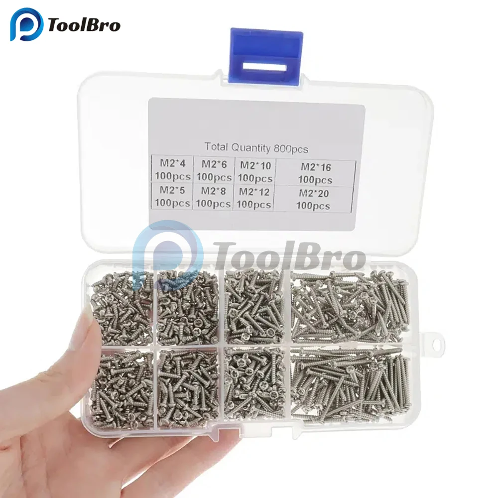 800pcs/box Stainless Steel Self Tapping Screw M2x4 M2x5 M2x6 M2x8 M2x10 Assortment Kit Lock Nut Wood Thread Nail Screw Sets