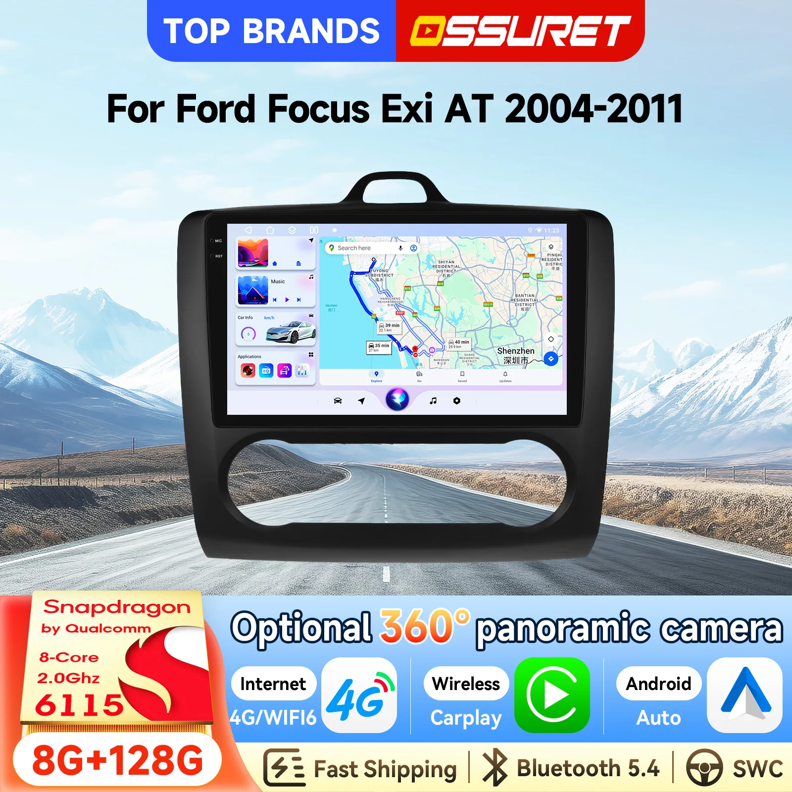 OSSURET Expédition Rapide Autoradio Android 15 8 Cœurs 9 Pouces RDS DSP Audio pour Ford Focus Exi AT 2004-2011, Lecteur Multimédia Vidéo Intelligent avec Écran Tactile, CarPlay Sans Fil, Android Auto, Optionnel 360 °   Caméra panoramique Bluetooth 4G SWC pour autoradio