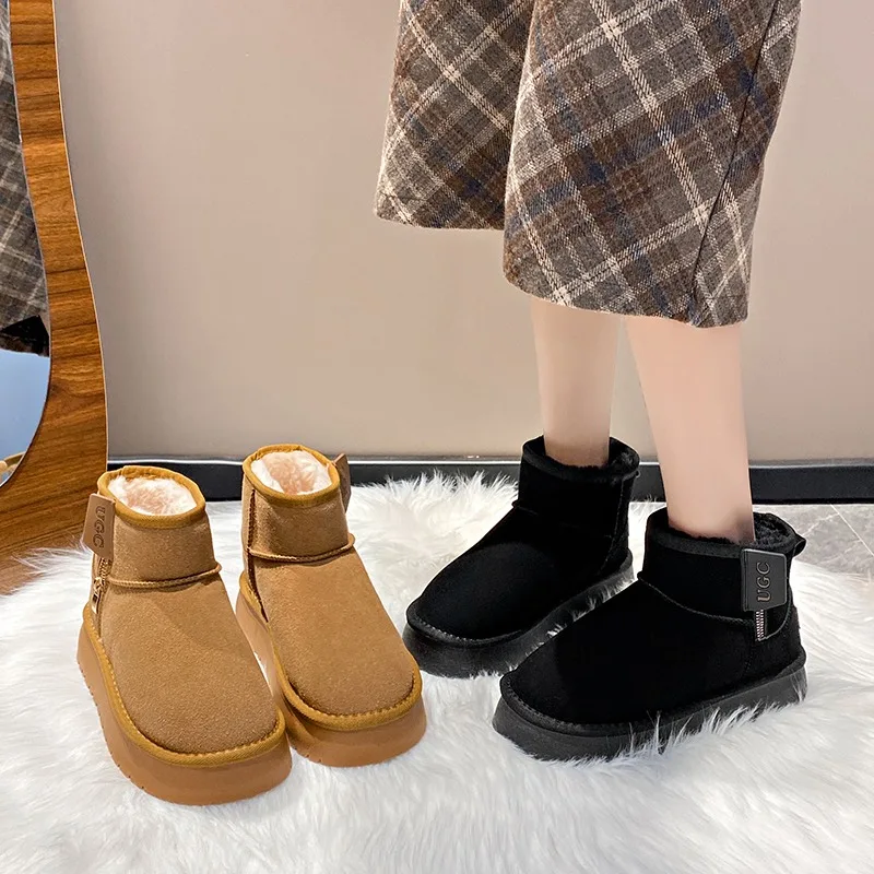 New Winter Women's Cropped Plush Comfortable Warm Snow Boots Flat SuedeChelsea AnkleBoots Women'sFlat Anti-Slip BootsBotas Mujer