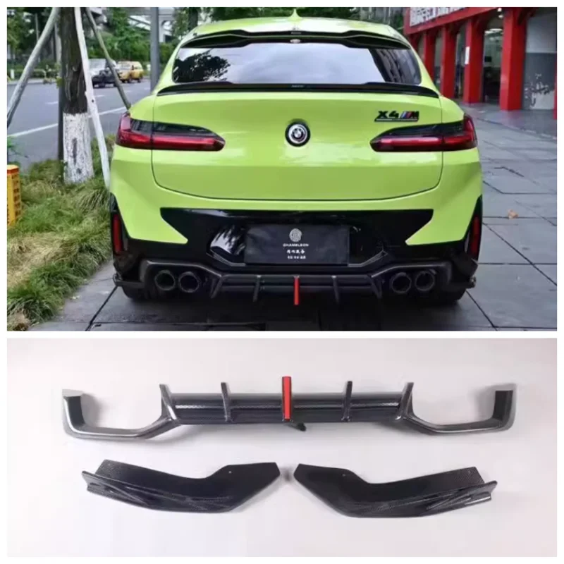 For BMW X3M X4M F97 F98 2019-2023 High Quality Carbon Fiber Car Bumper Rear Diffuser Spoiler Exhaust Cover (With LED Light)