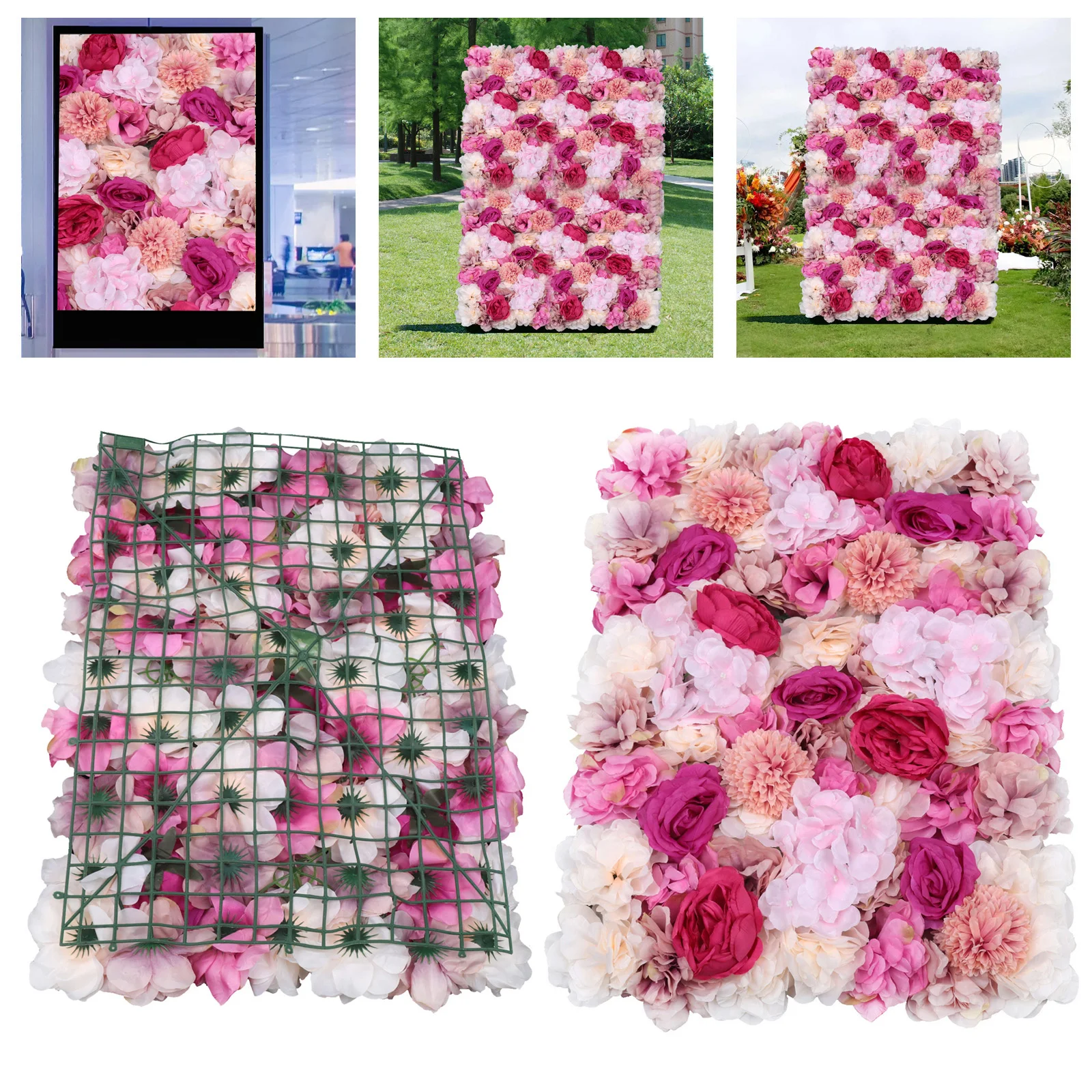 

6 Pcs Flower Wall Panel Floral Backdrop, 23.6" X 15.7" Silk Rose Wall with Silk Fabric and Pinhole Locking for Wedding, Party