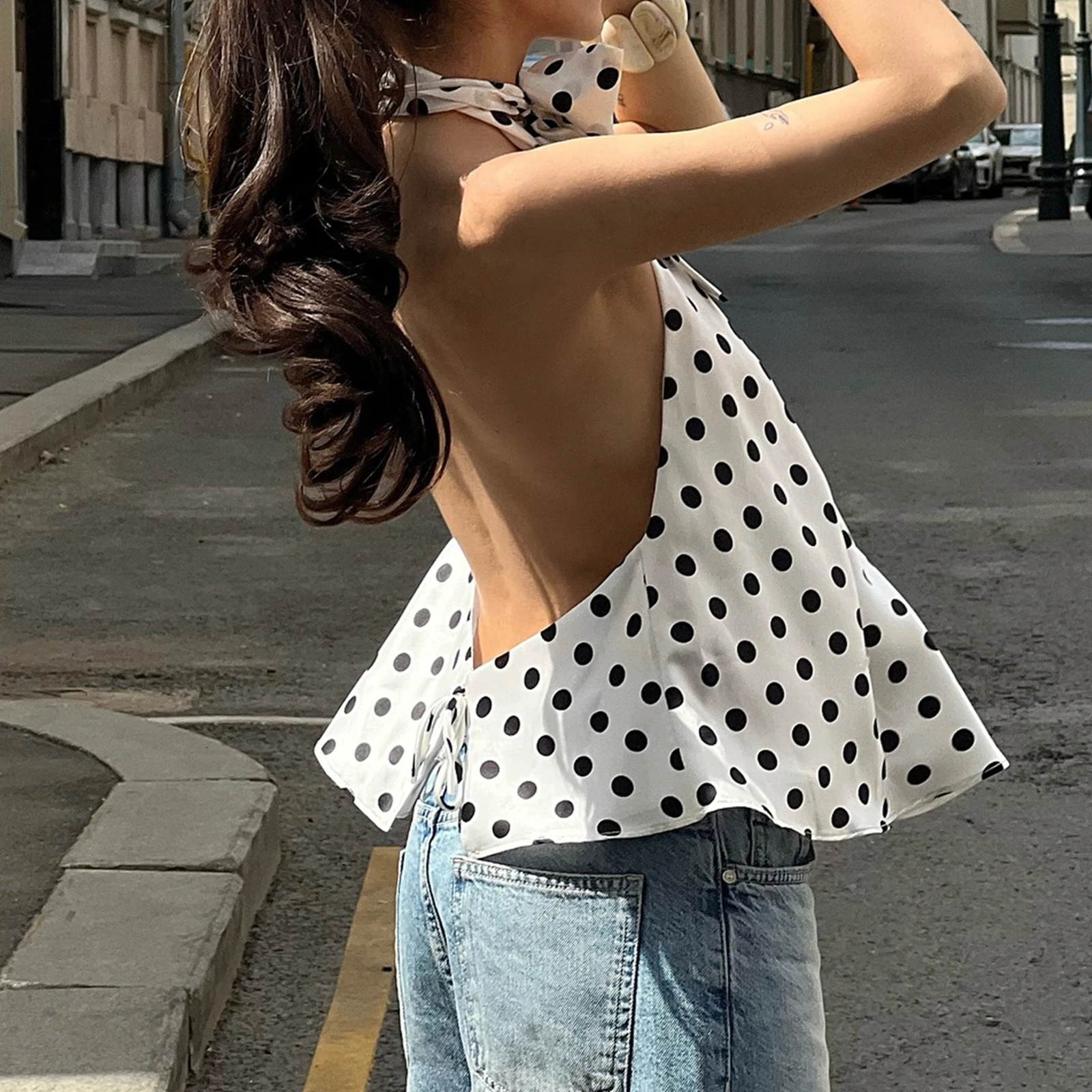 ผู้หญิง Halter TANK Tops Dot เปิดด้านหลังฤดูร้อนเสื้อกั๊กเสื้อสําหรับ Beach Vacation PARTY สวมใส่ทุกวัน Streetwear