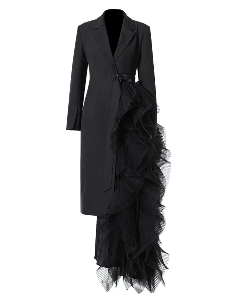 VGH Black Spliced Mesh Party Evening Trench for Women Notched Collar Long Sleeve Ruched Designer Slimming Coats Female Fashion