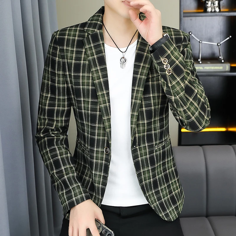 

Classic Checkered Suit Jacket for Men 2025 Autumn Slim Fit Casual Business Blazers Versatile Youth Office Social Jacket M-4XL