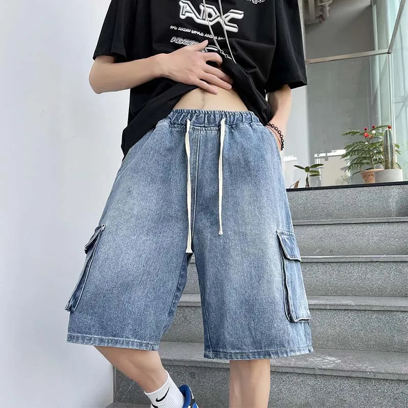 Washed out Vintage Men's Short Jeans Summer Thin Five-Point Casual Loose Fit Jeans Casual Loose Straight Leg Jeans