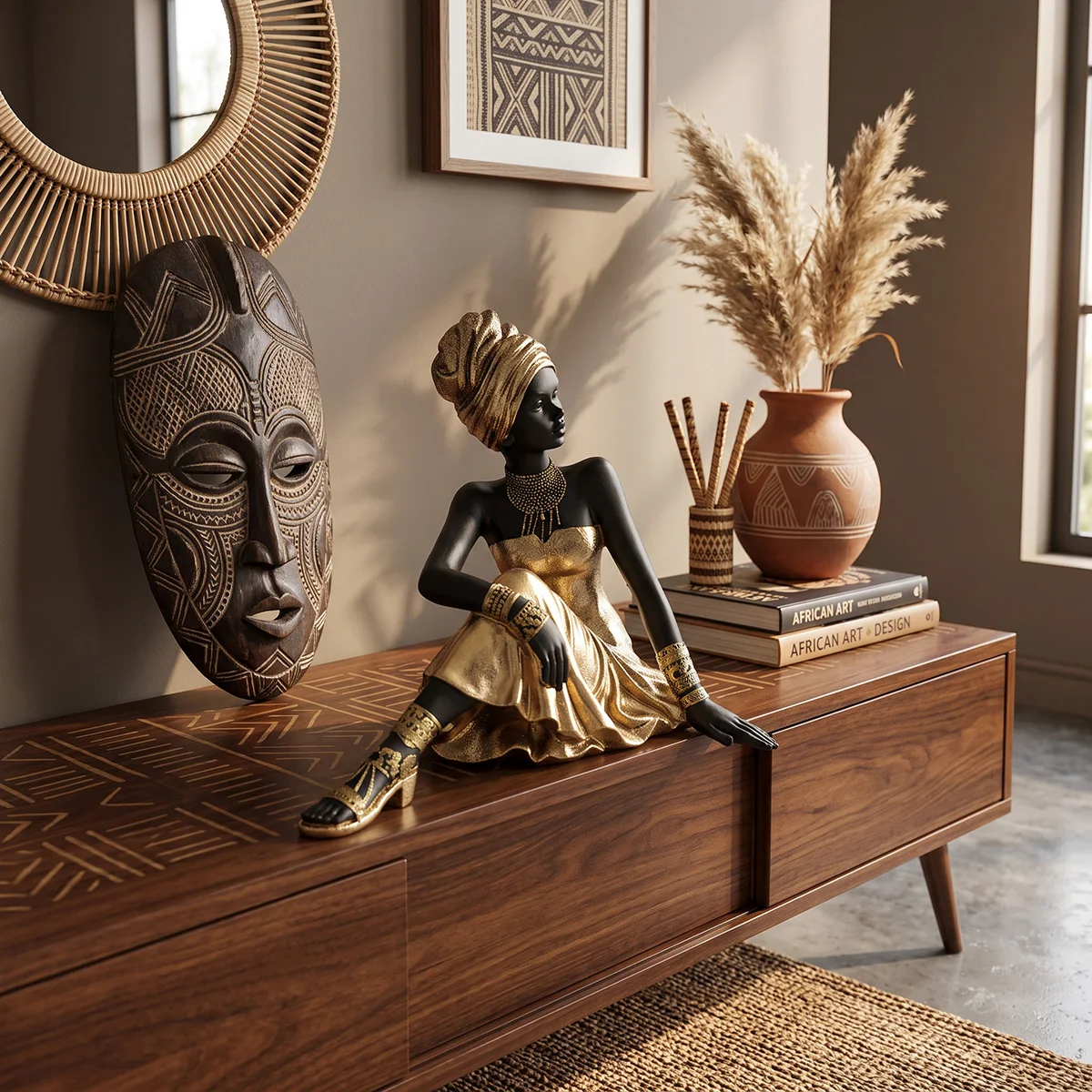 Elegant Black Woman Figurine, Golden Dress & Turban, African Art Decor, Home & Office Ornament, Luxury Gift