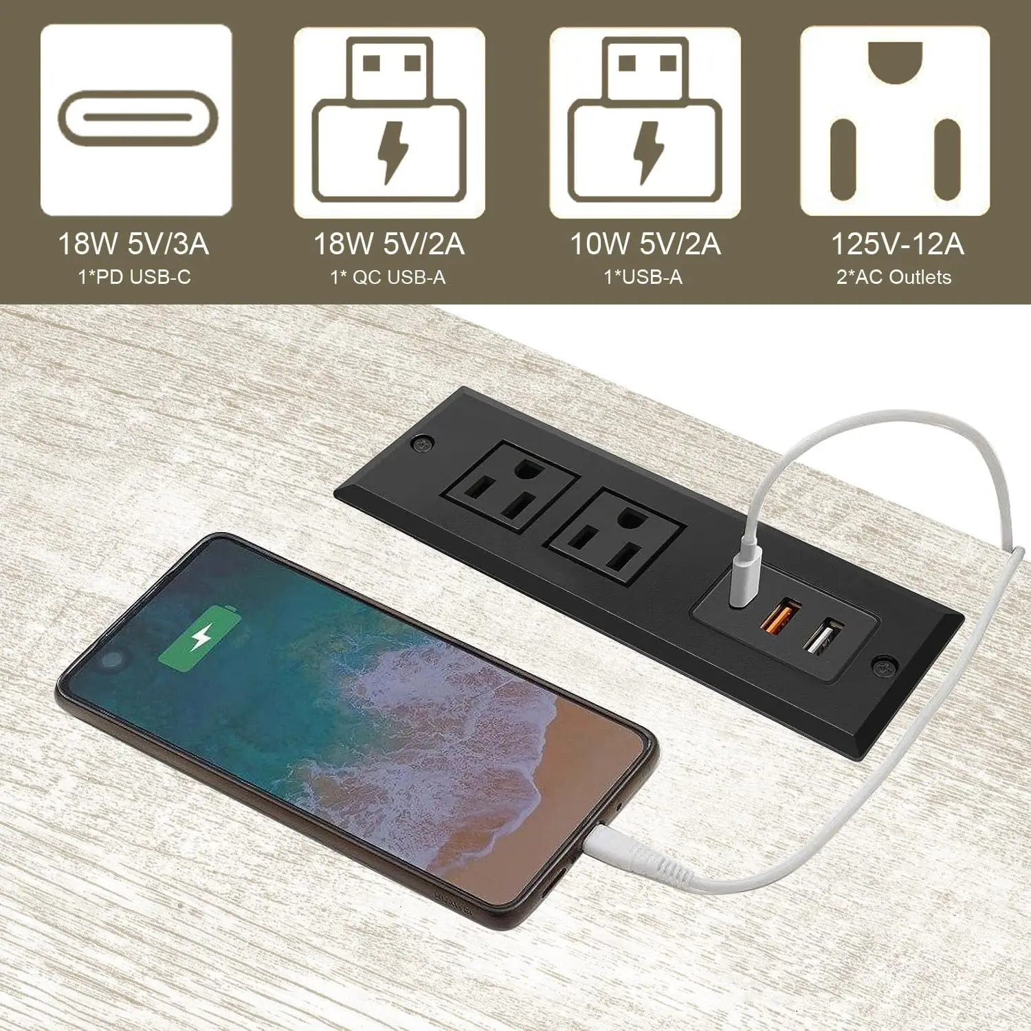 Meja ujung dengan stasiun pengisian USB C cepat, Meja samping Sofa tinggi 24 "dengan 2 Laci, Penyimpanan besar Ca penyimpanan persegi kayu pedesaan