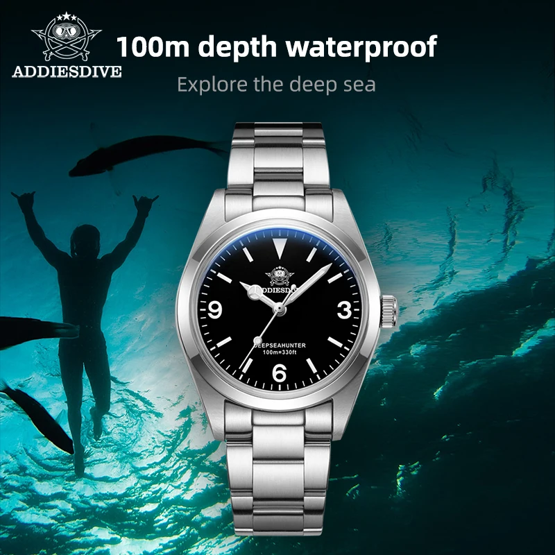 Addiesdive marca superior de luxo aço inoxidável relógio pulso vidro safira luminoso 100m à prova dwaterproof água reloj hombre relógios quartzo