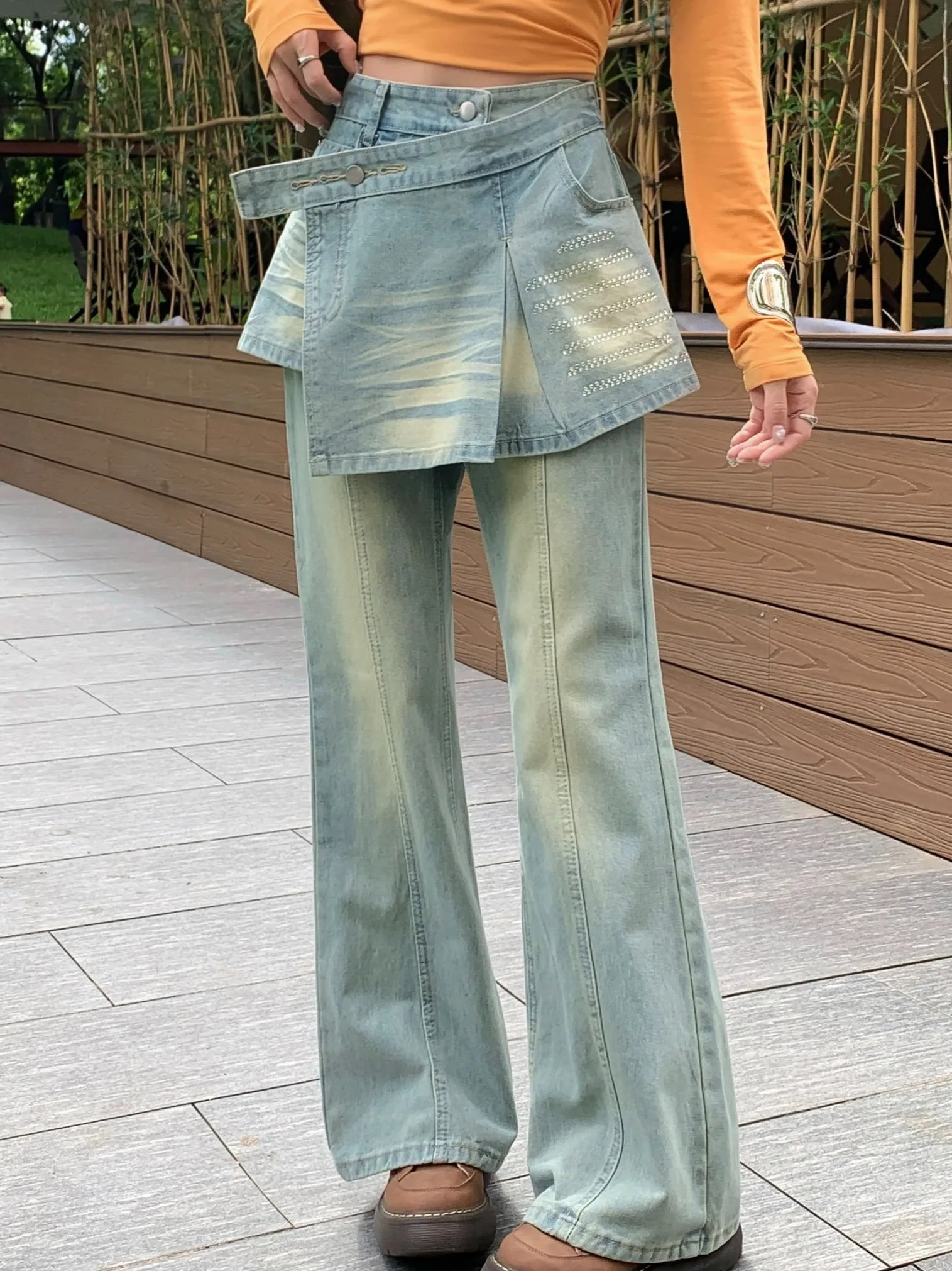 

Американские джинсы-клеш с высокой талией в стиле ретро, имитация двухслойности, прямой крой, весна-осень, для женщин