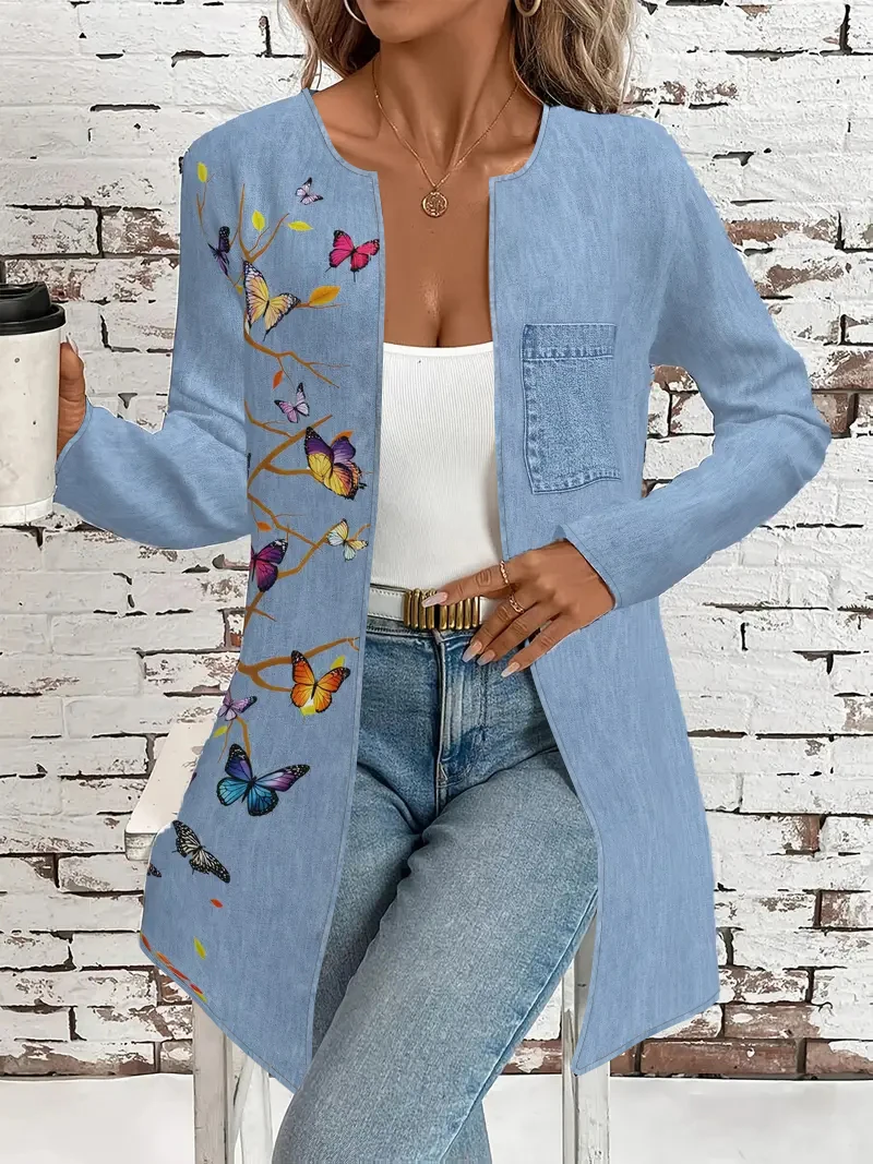 Women's Spring and Autumn Imitation Denim Bow Print Casual Thin Jacket
