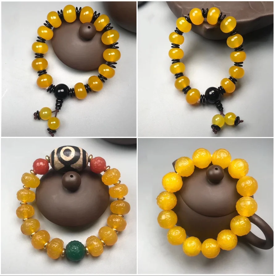 Fashion New Yellow Crystal Bracelet Retro Men and Women Beads Rosary Bracelet Natural Stone Agate Beaded Bracelet