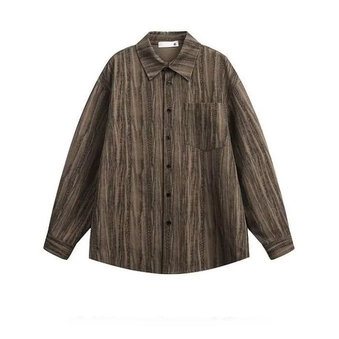 เสื้อคลุมผู้ชายลายทางย้อมสีสไตล์อเมริกัน แขนยาว ทรงหลวม สวมใส่สบาย เหมาะสำหรับฤดูใบไม้ร่วง ใช้งานได้หลากหลาย เนื้อผ้าเบา