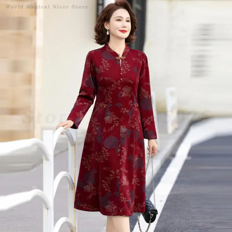 

Женское винтажное платье Cheongsam для среднего и пожилого возраста, новый китайский стиль Qipao, осеннее новое традиционное платье с цветочным принтом