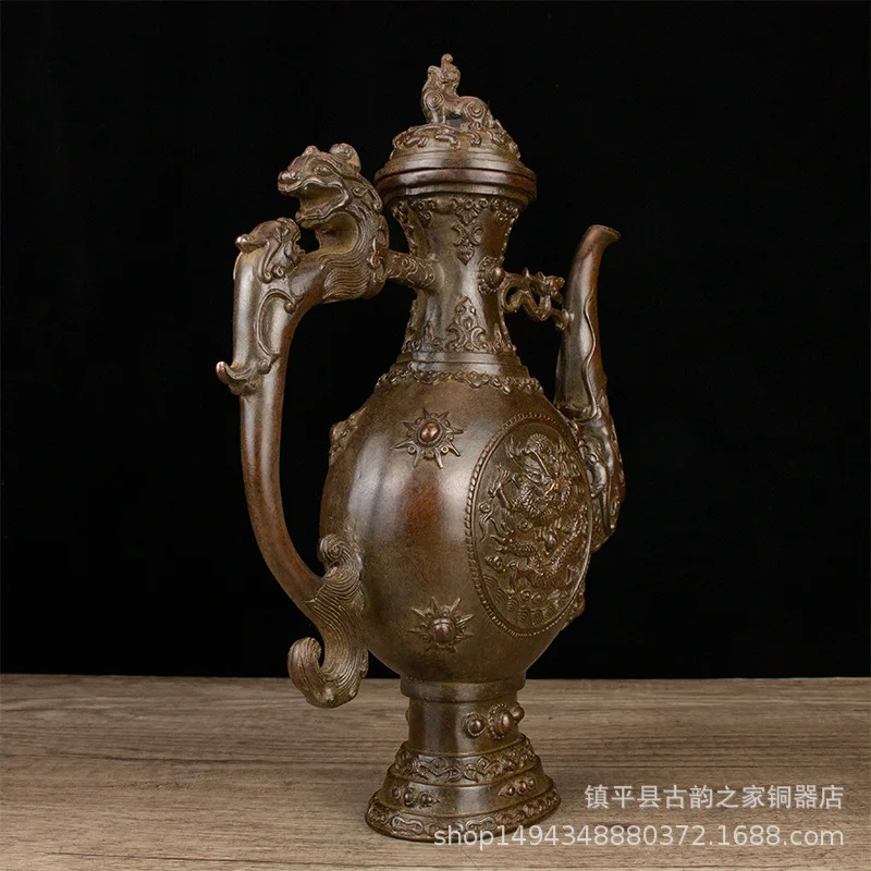 Pure Antique Double Copper Kettle Carved Dragon Wine Pot Copperware Craft Ornament Home Decoration Piec