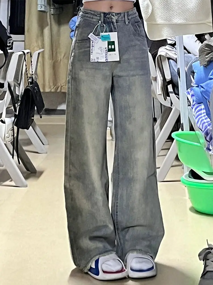 Washed To Make Old Raw-edge Wide-leg Jeans, Women's New High-waist, Loose-covering and Slim Straight Pants in Spring