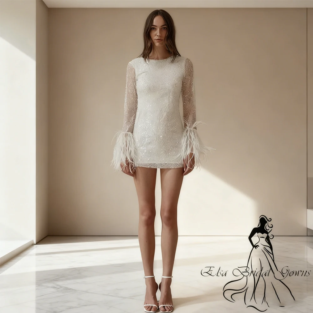 

Свадебные платья с блестками, Новое поступление 2025, блестящее платье с круглым вырезом цвета слоновой кости, платье невесты с бисером и перьями, с длинными рукавами, элегантные вечерние платья