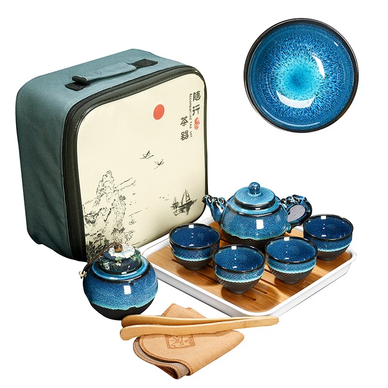 Chinese Tea Set Blue Amber Glaze Ceramic Jingdezhen temmoku Exquisite Kung Fu Cup portable Teapot Gaiwan Cups