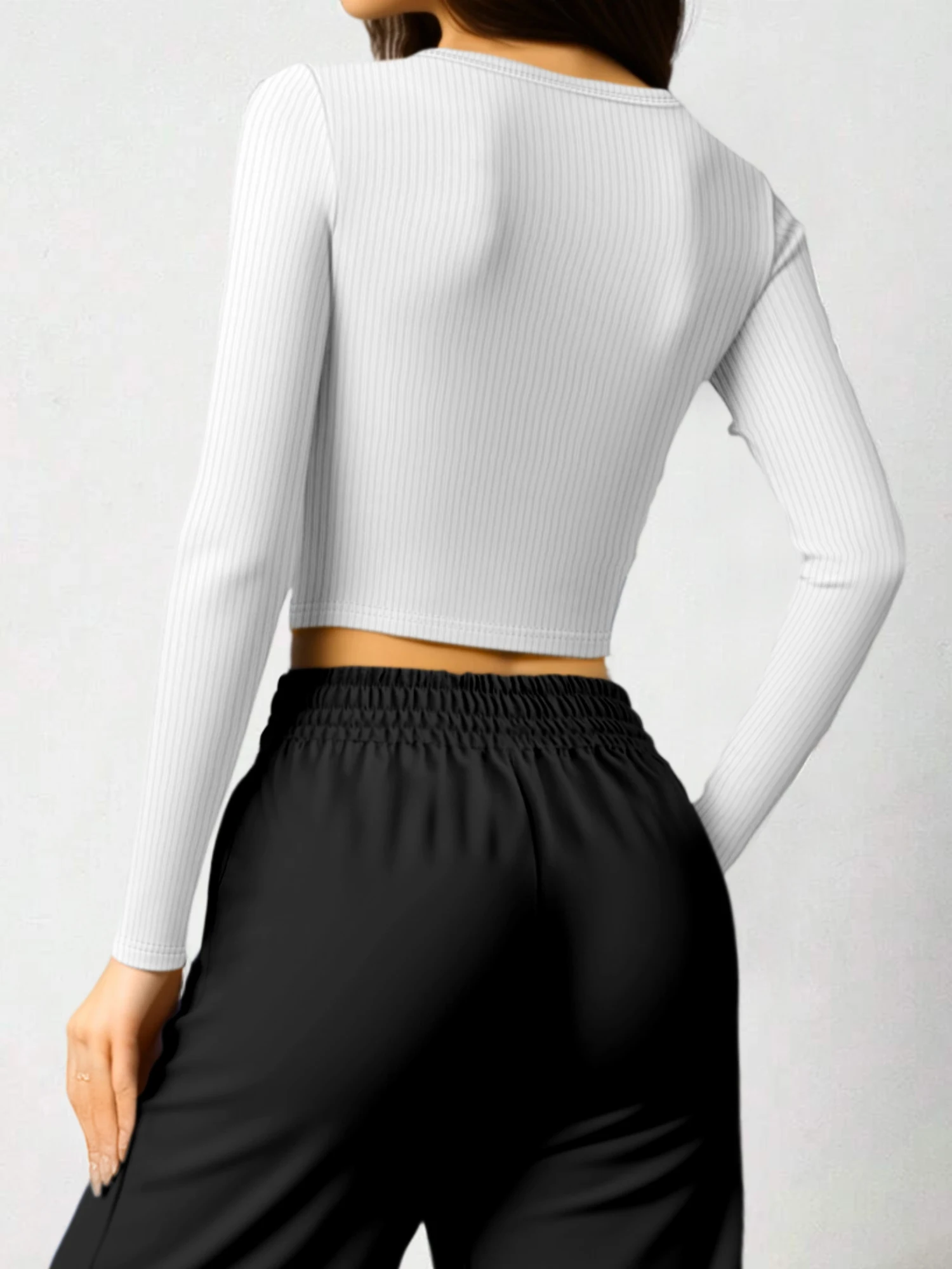 Women Ribbed Knit Long Sleeve Crop Top Solid Color U Neck Slim Fit Casual Cropped T Shirt Streetwear Basic Tee