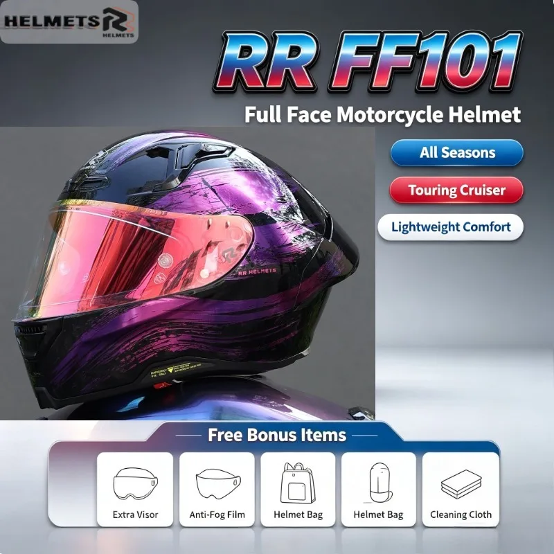 RR FF101 Full Face Motorcycle Helmet All Seasons Touring Cruiser Motorbike Helmet Lightweight for Men Women Long Distance Riding