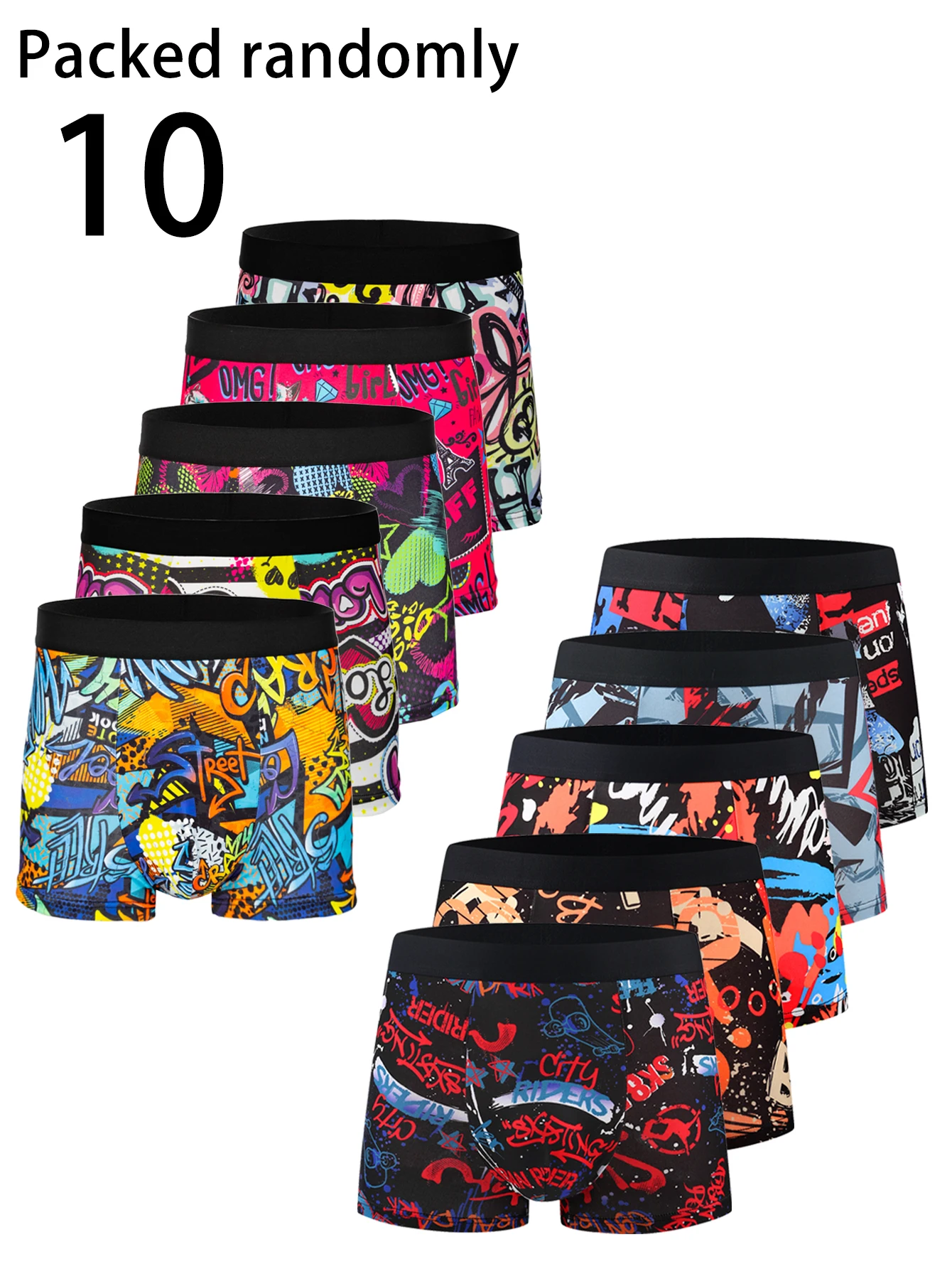 

Набор из 10 мужских боксеров с граффити-принтом в уличном стиле, с оригинальным принтом, удобные, со средней посадкой, случайная доставка, брюки с узором «Квадрофил».