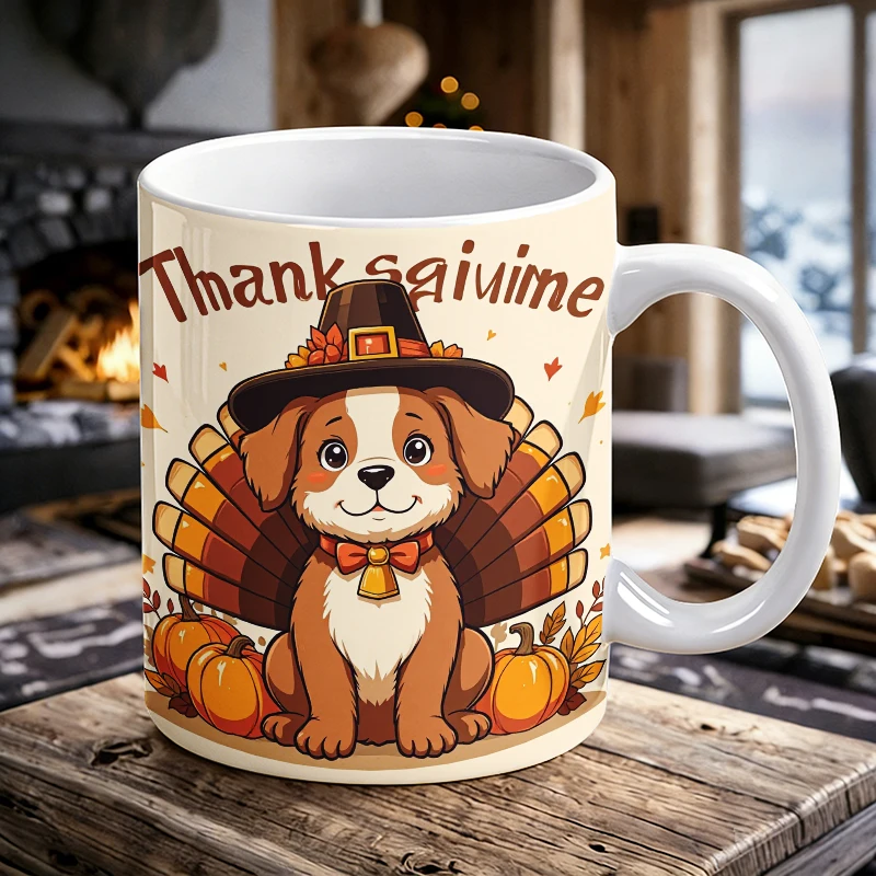 

11 oz Thanksgiving Cute Dog Handle Ceramic Mug, Full Print Coffee Mug Insulated Milk Cup, Office Water Cup, Fade-Resistant