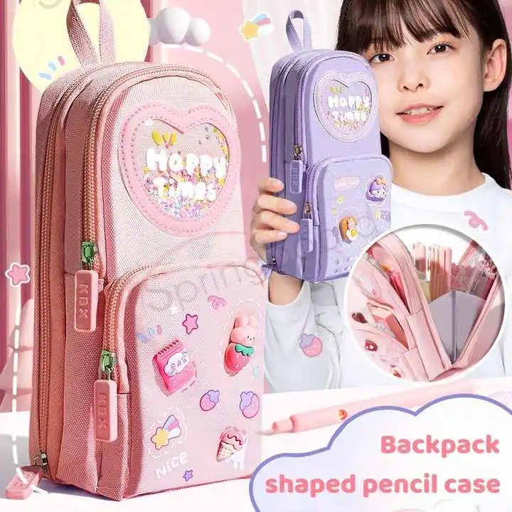 Kawaii Cute Cartoon Pencil Bag for School Girls Multi-Layer Canvas Portable Large Capacity Children's Stationery Pencil Pouch