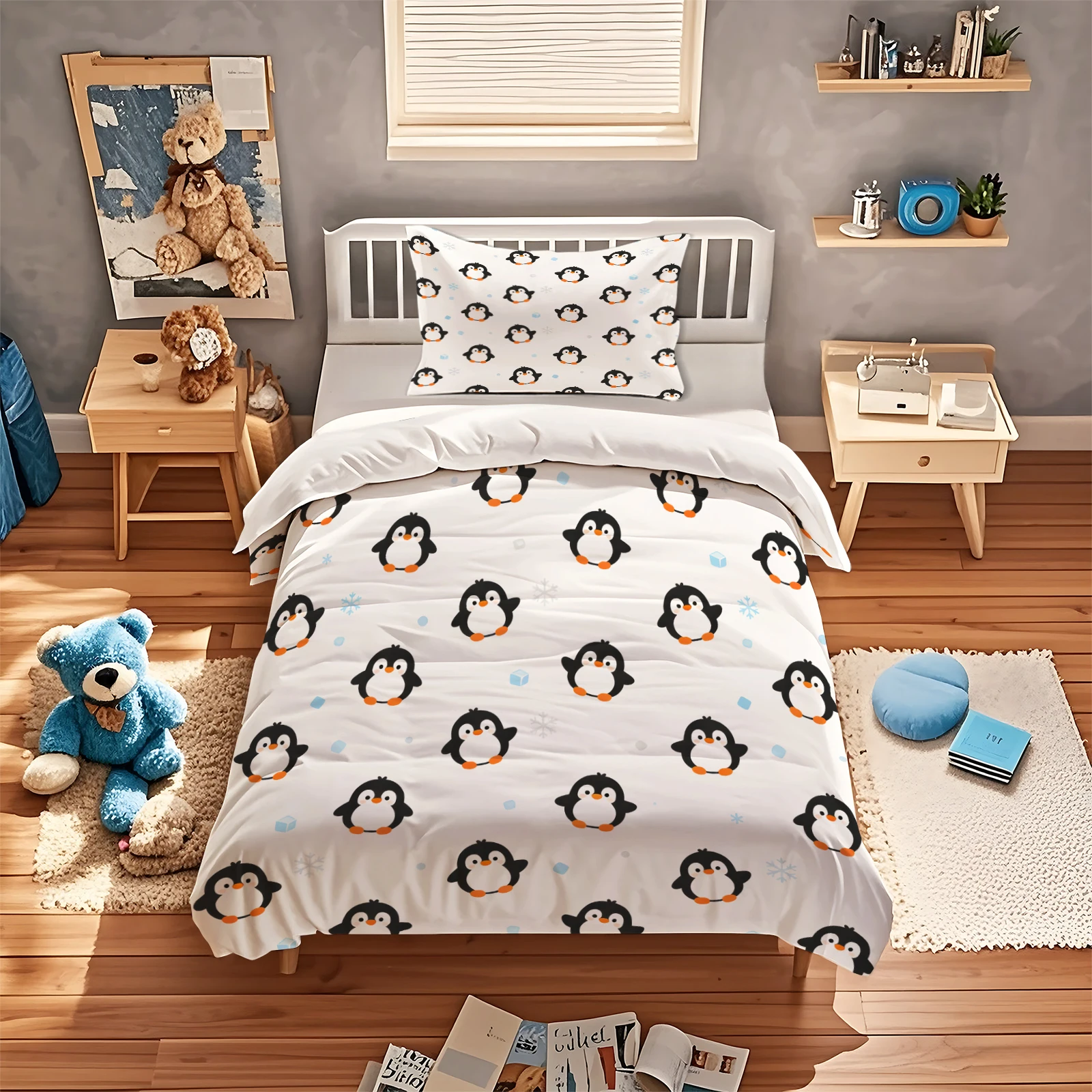 Cute Penguin Duvet Cover Set Cartoon Snowflake Print Bedding Set Soft Microfiber Comforter Cover with Pillowcase Zipper Closure