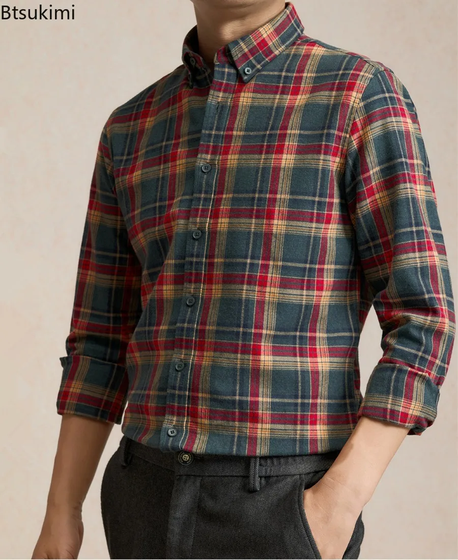 

Men's Casual Long Sleeve Shirts Autumn and Winter Plaid Wear Resistant Workwear Comfortable Breathable Stand Fitted Tops Male