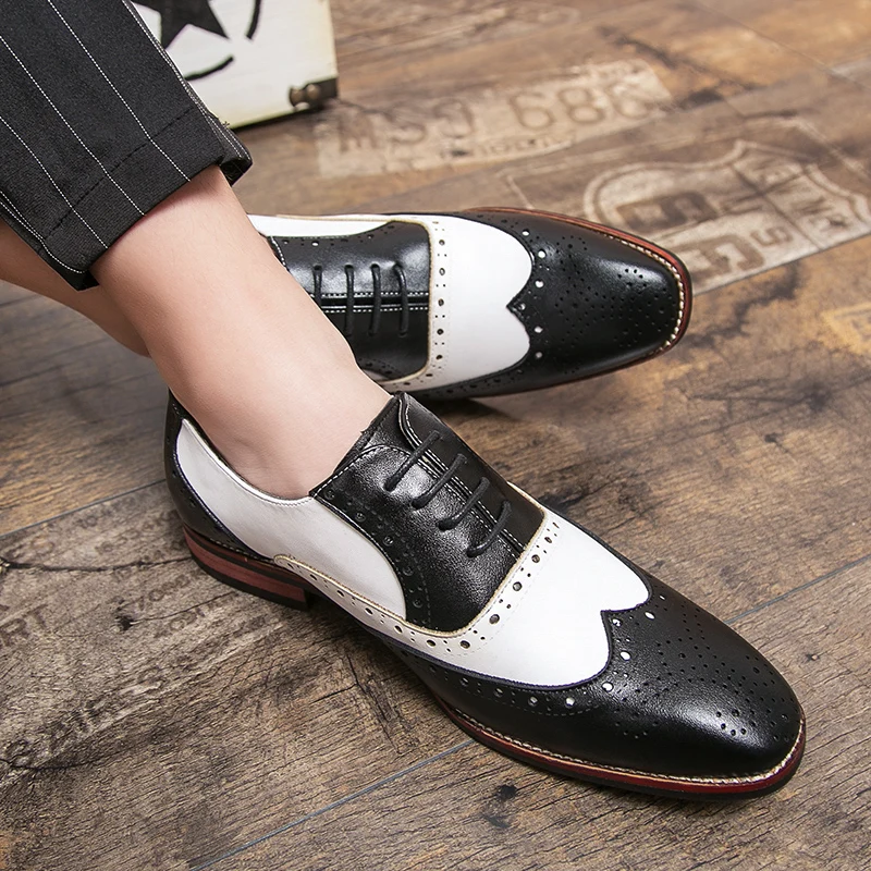 Newly Men's Leather Wedding Dress Prom Shoes Black White Mixed Patchwork Lace Up Brogue Oxfords Loafers Zapatos Hombre