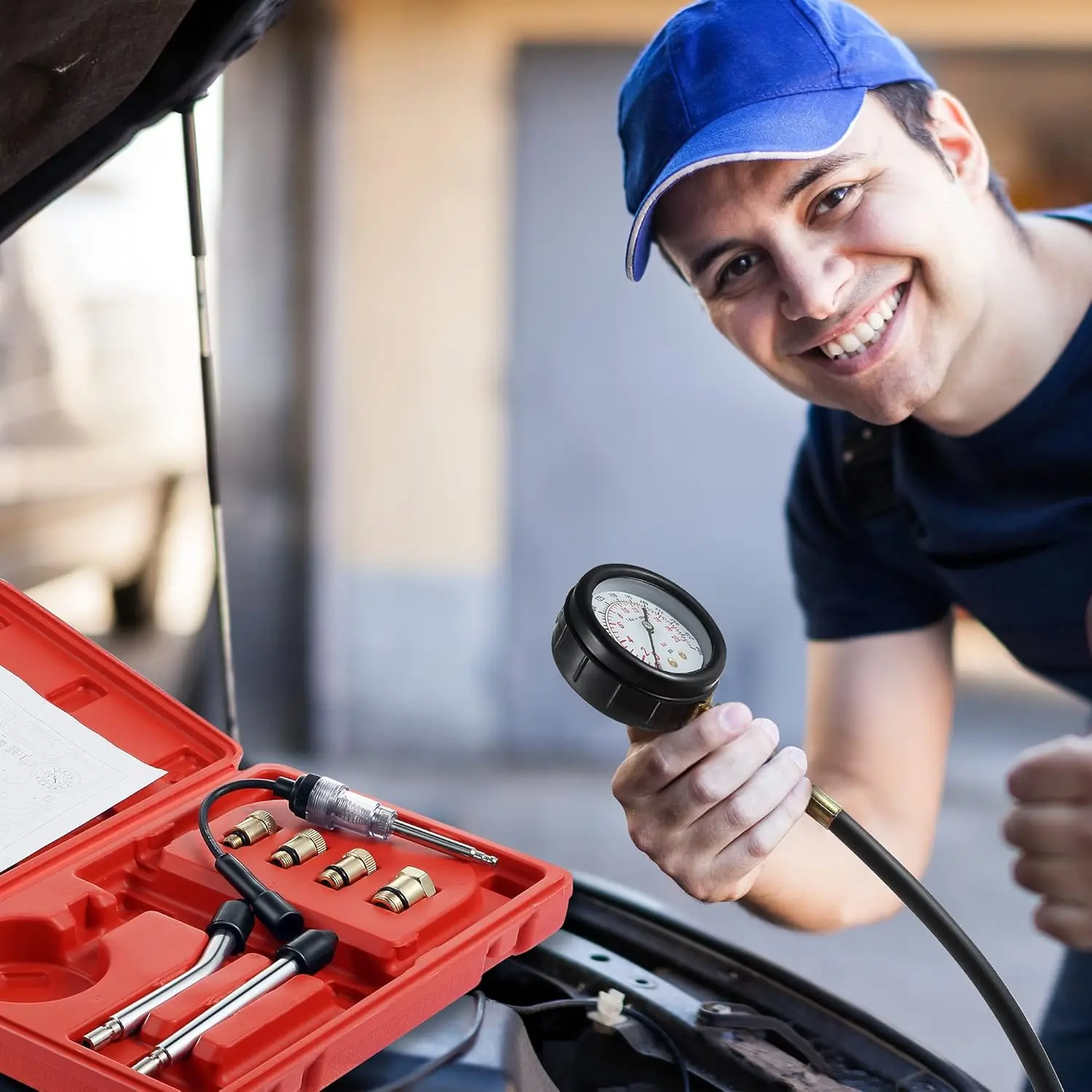 Kit de probador de bujías y compresión automotriz de 9 piezas, herramientas de prueba de motor universales para automóviles y motocicletas (rojo)