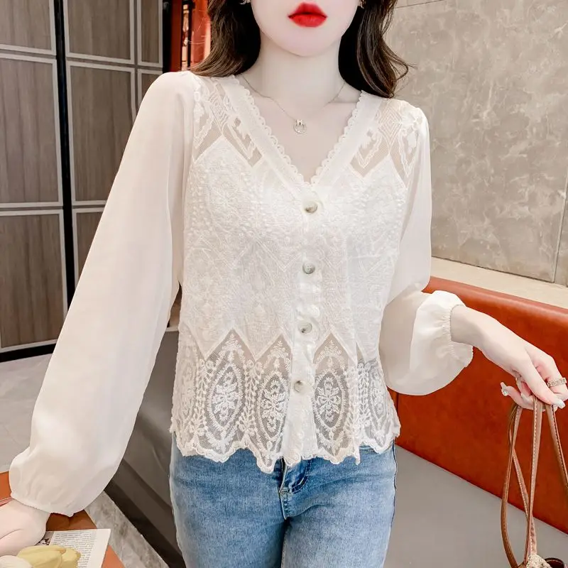 Simplicity Versatile Commuting Women\'s Top 2023 Autumn and Winter New Button Hollow Out V-neck Long Sleeved Solid Color Shirt