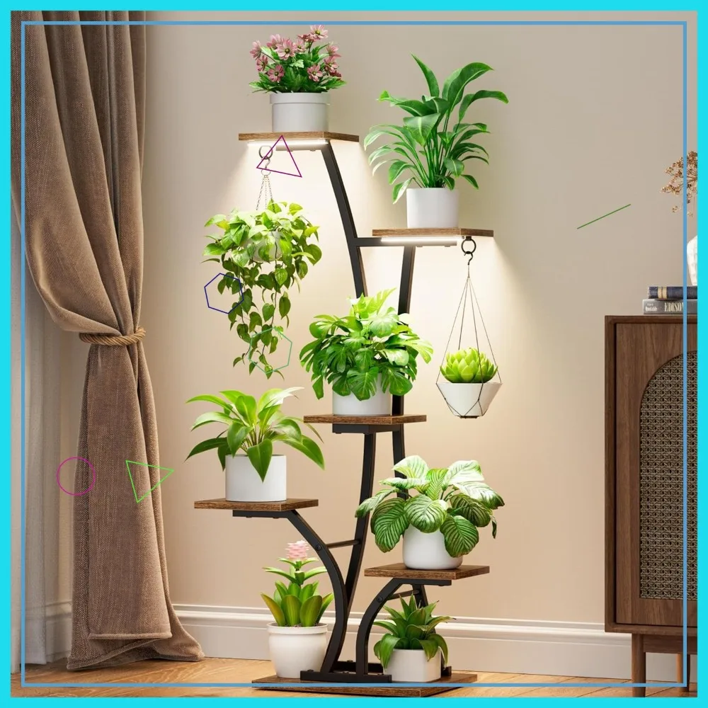 

6-Tier Metal Plant Stand with Grow Light, 45" Indoor Plant Shelf for Living Room Balcony Bedroom, Black Modern Corner Rack