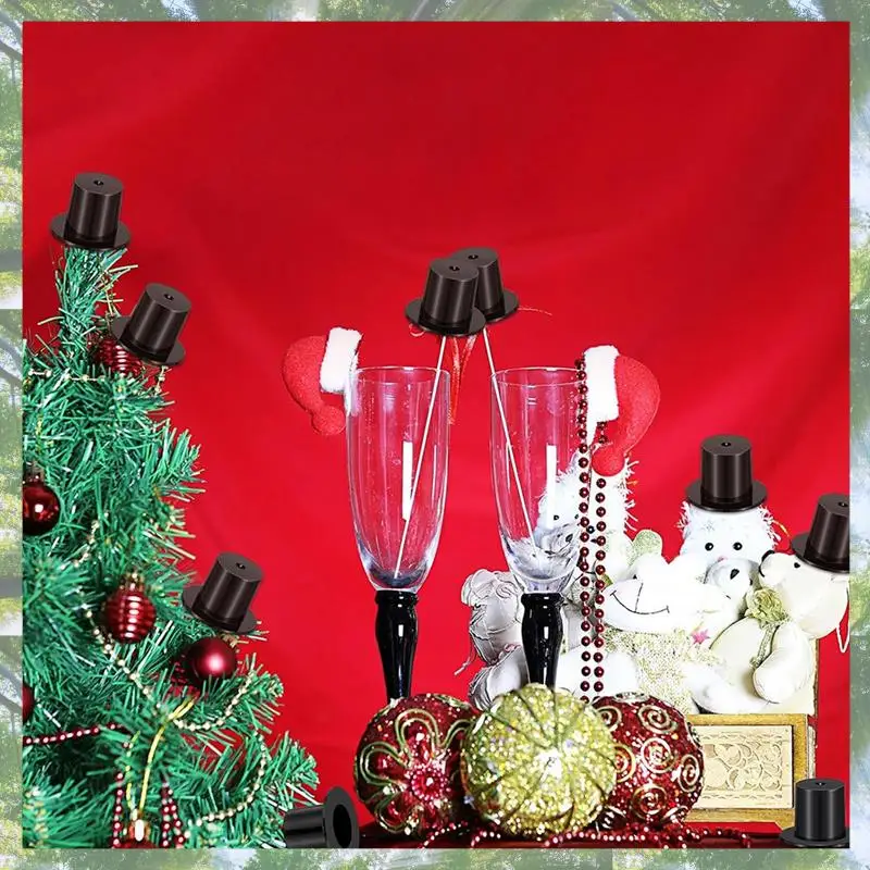 

L73A 2025-32PCS Doll Mini Hats Include 16 Mini Knitting Santa Hats And 16 Black Plastic Christmas Hat Miniature Plastic Top Hats