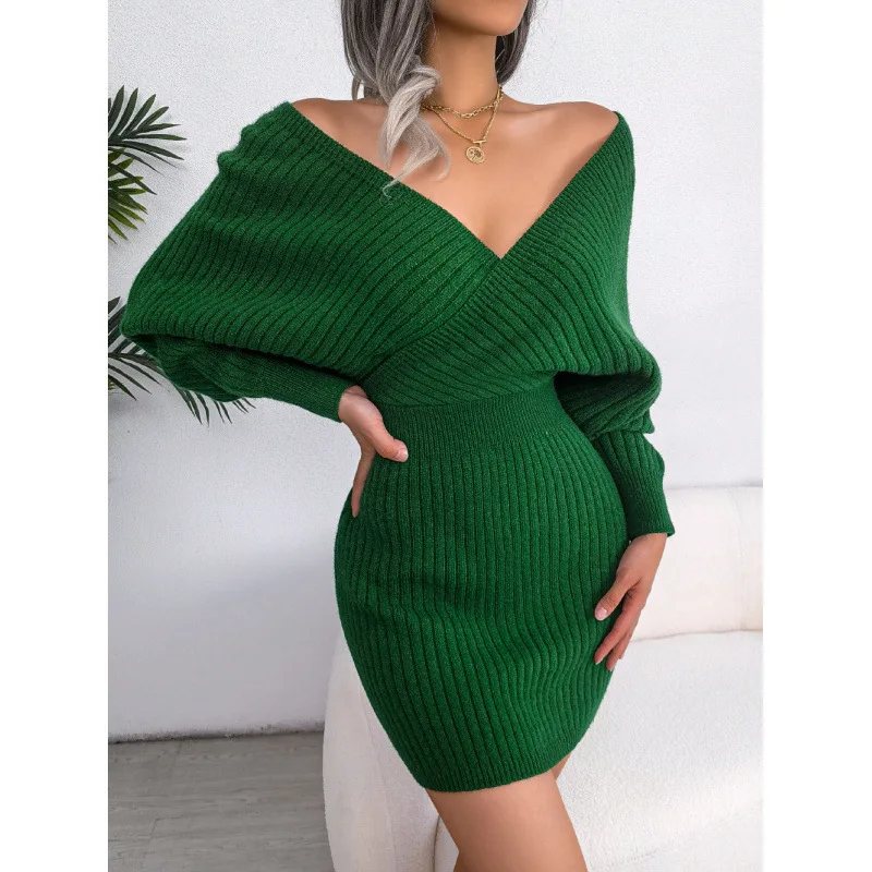 

V-neck Bat Skirts Bodycon Sweater Dresses For Women Autumn Winter Casual Long Sleeve Knitted Clothes White Green Blue Black