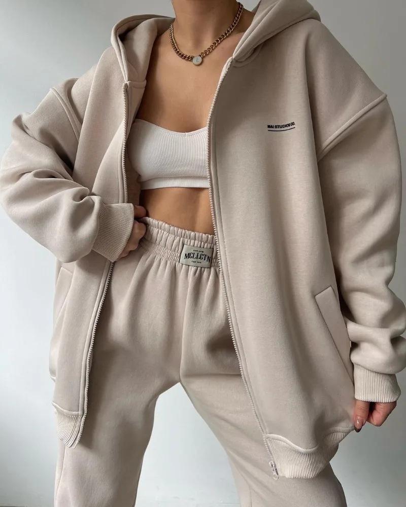 Women Fashion Tracksuit Solid Color Autumn Sportswear 2 Pieces Hooded Sweatshirt Sets Oversized Pullover Shirts And Pants Suits