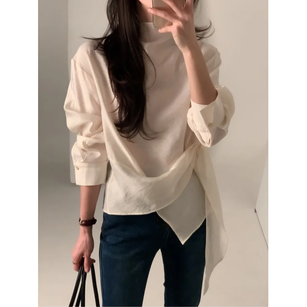 

Универсальная женская рубашка с длинным рукавом для ранней весны, с воротником-стойкой, однотонная, с разрезами, с завязками на талии, подходит ко всему виду одежды