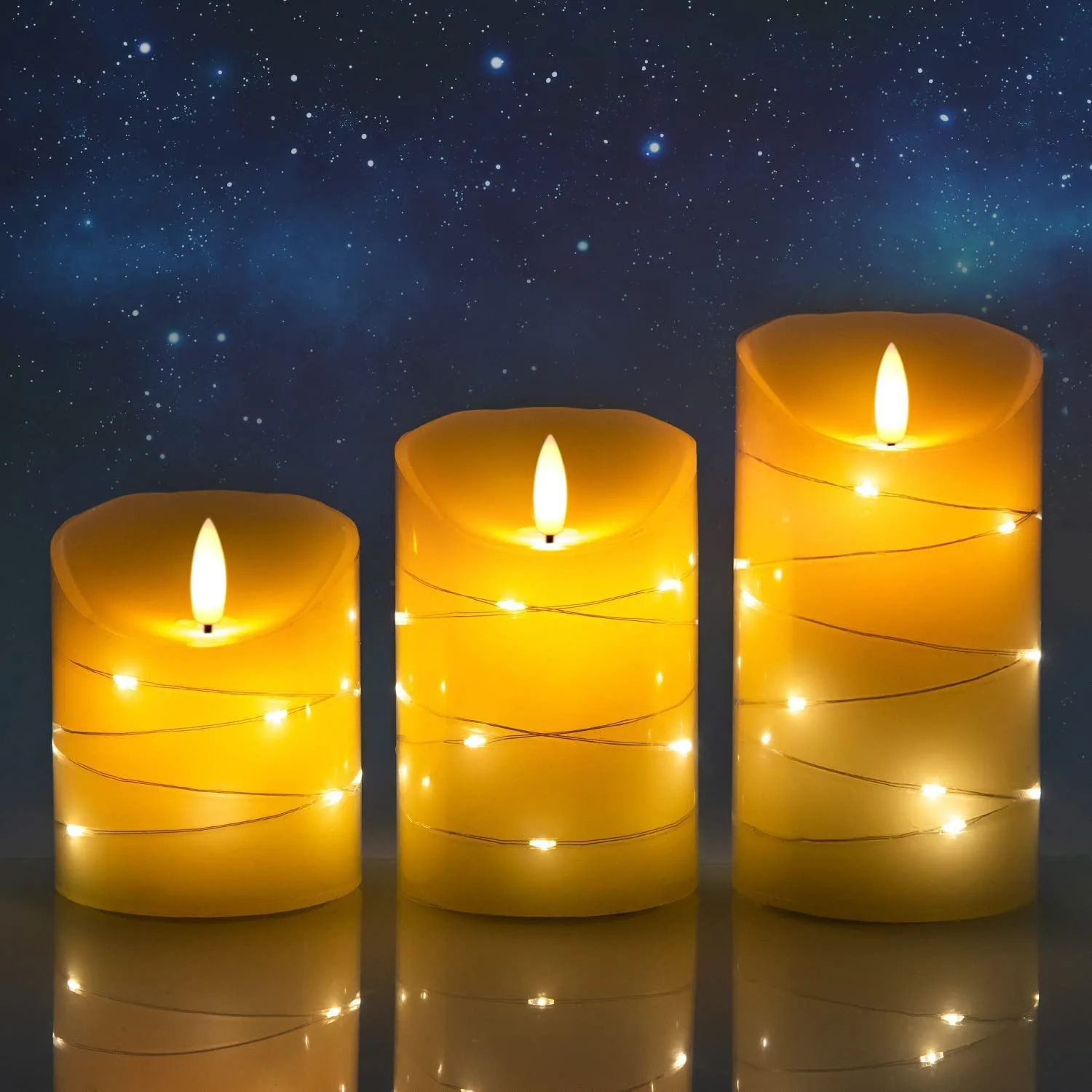3pcs White LED Flameless Candle with Embedded Star Light String, Electric Flickering Candles with Remote Control for Decoration