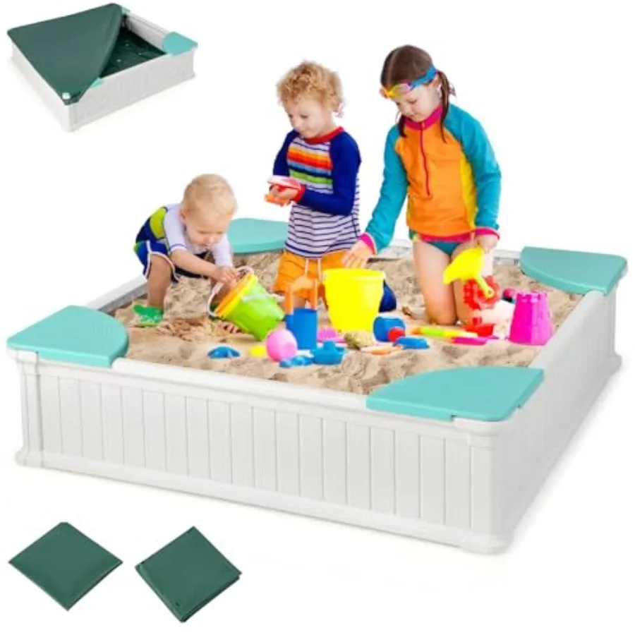 Outdoor kids sandbox with cover: 48x48 inch HDPE pit, white, weather-resistant, includes corner seats and bottom liner for sand