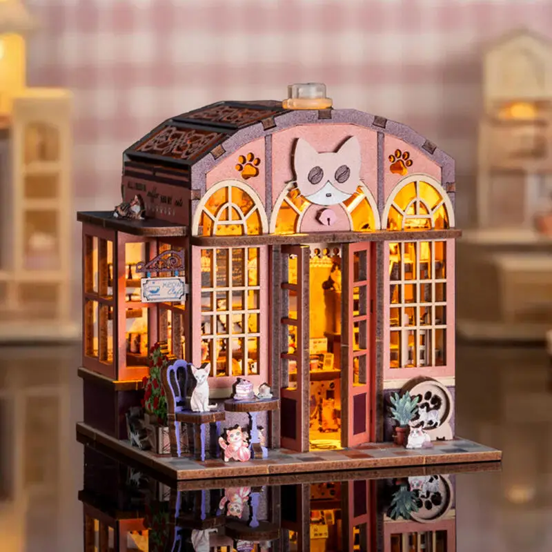 

DIY Wooden Cat Cafe Cabin Miniature Model Kits With LED Lights Dollhouse with Furniture 3D Puzzle for Friends Birthday Gifts
