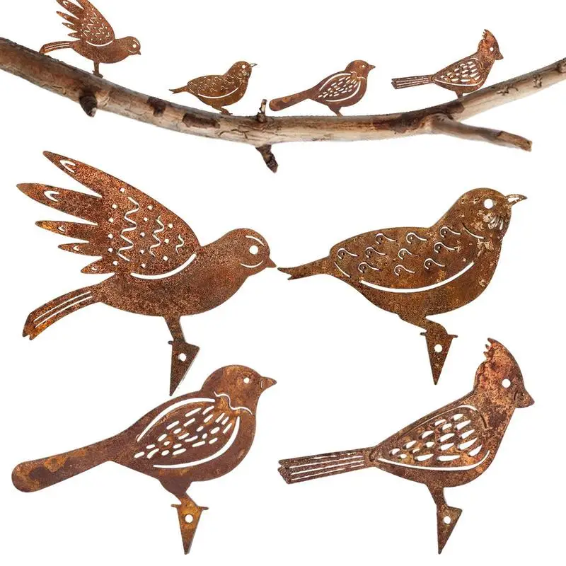 4pcs Rusty Metal Bird Silhouettes Garden Fence Decor Woodpecker Robin Steel Country Yard Art Gardening Decoration Metal Bird