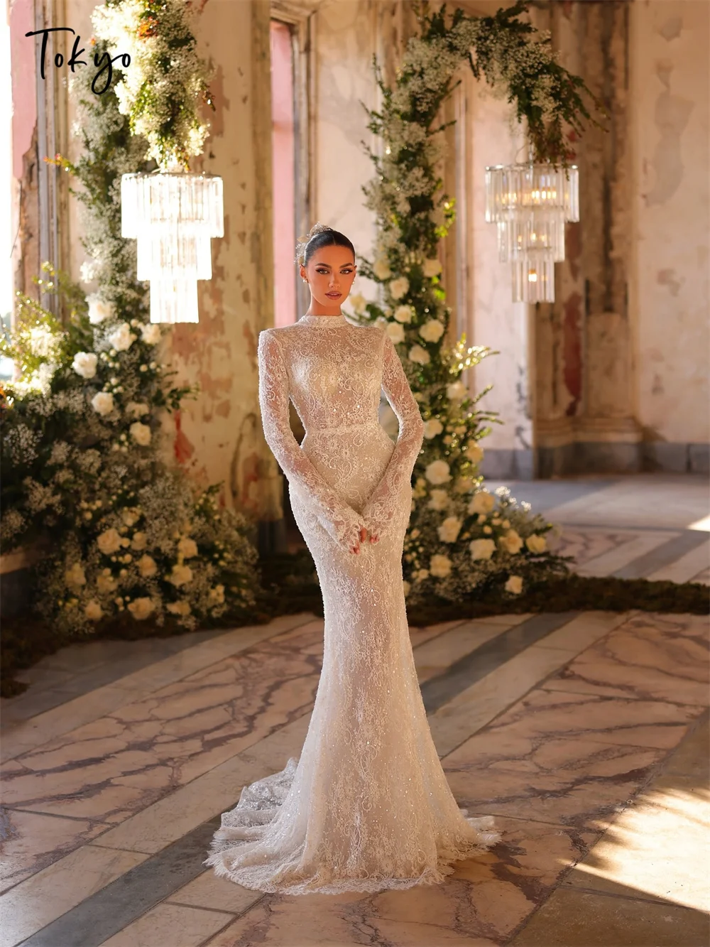 طوكيو مخصص أنيقة الرقبة العالية فساتين الزفاف كم طويل عارية الذراعين قطار المحكمة ثوب الزفاف الدانتيل الأبيض حورية البحر ثوب الزفاف #1
