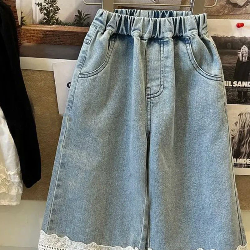 2024 Spring Girls Jeans For Small And Medium-Sized Children Lace Casual Pants Loose And Comfortable Straight Leg Baby Kids Pants