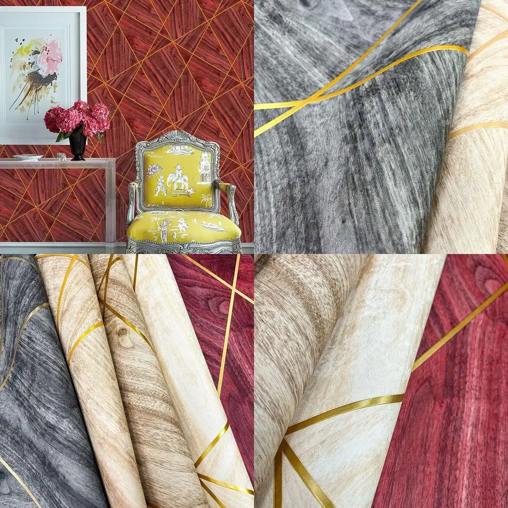 

Modern 3D Abstract Geometric Gold Line Wallpaper for Living Room Dining Room Sofa Back Wall Square Wood Grain Style Wall