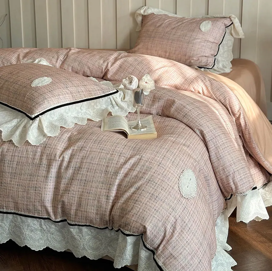 Classic elegant pink plaid bedding set,full queen king luxury lace modern cotton home textile bed sheet pillow case quilt cover