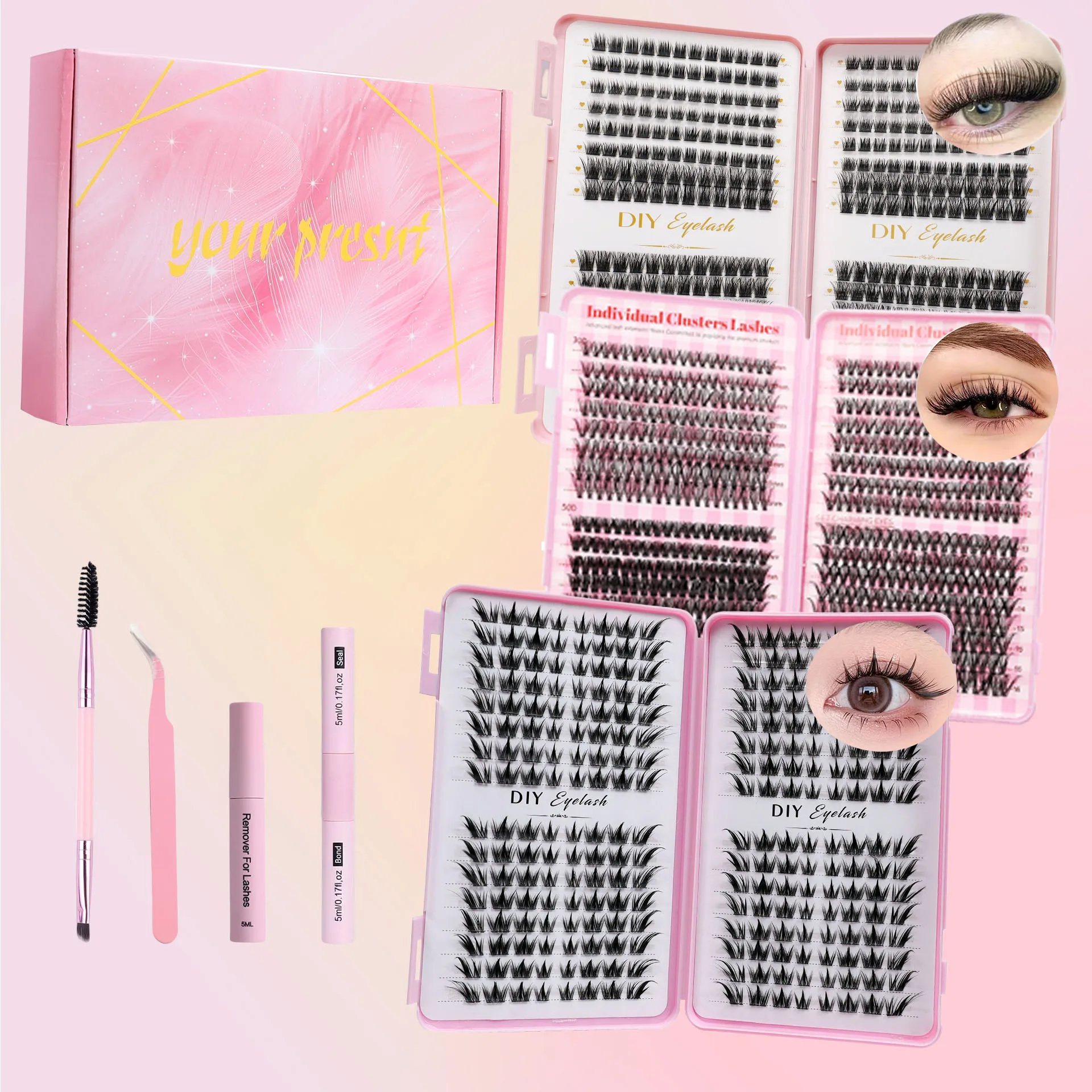 Eyelash extension set, 3 boxes of clustered eyelashes, including eyelash glue and eyelash removal and tweezers, thick and fluffy