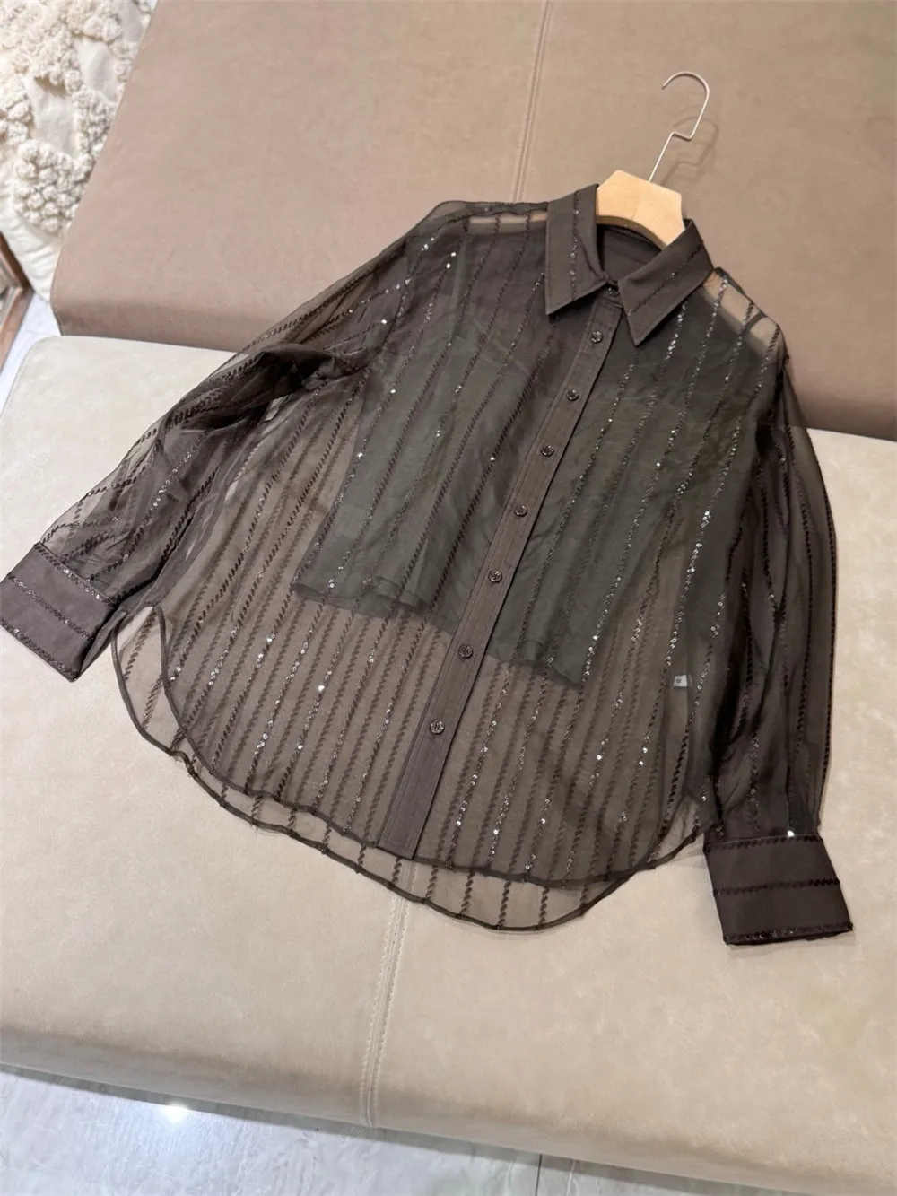 

25 Summer New style lapel heavy industry Sequin Fashionable And Versatile temperament Silk Women's Shirt