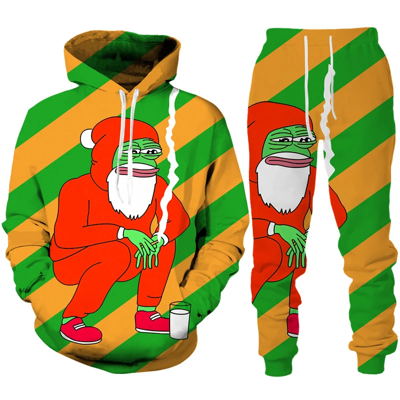 Set hoodie natal pria dan wanita gambar 3D mode Natal pola menyenangkan olahraga santai Eropa dan Amerika se